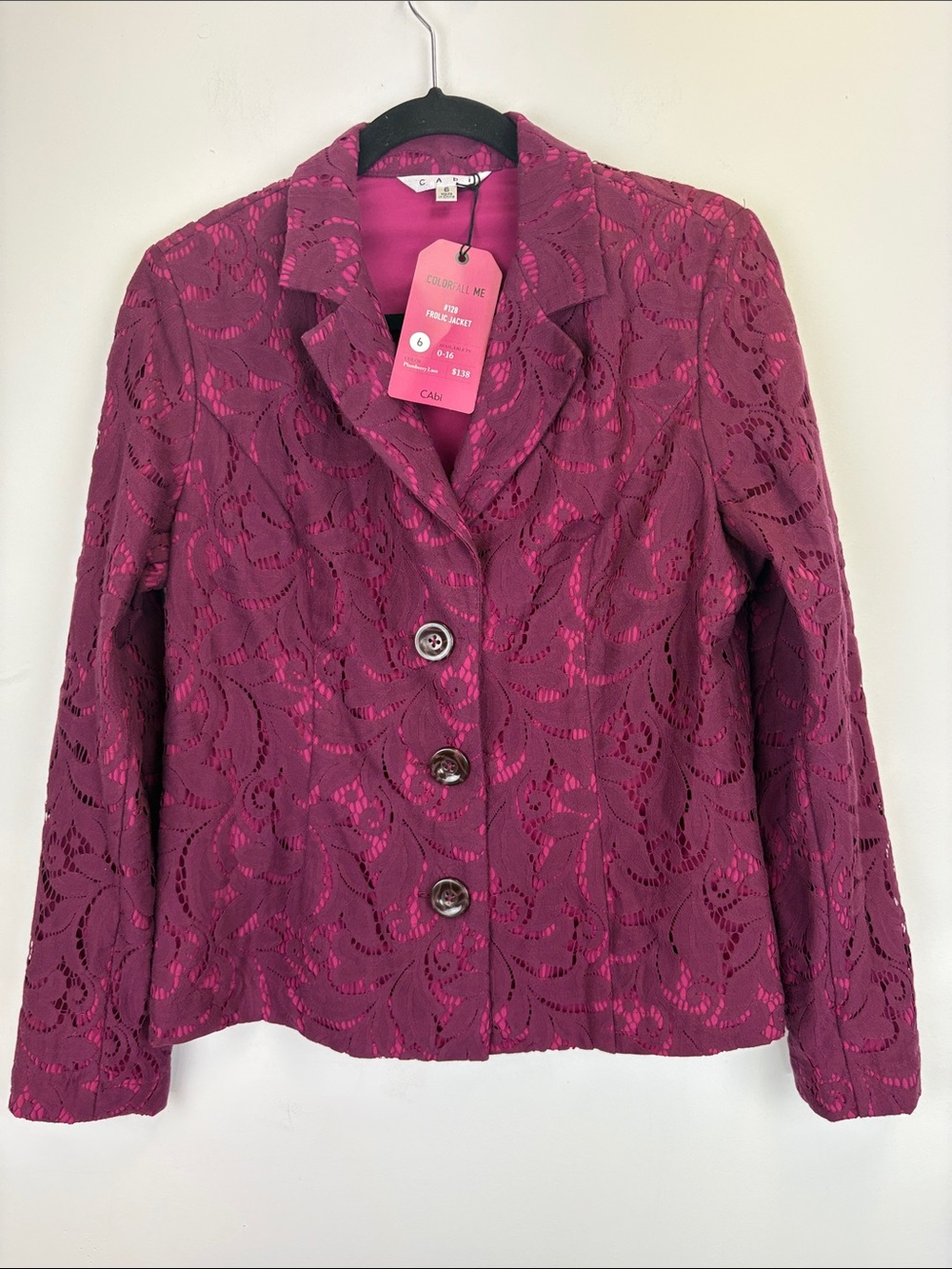 CAbi 128 Frolic Jacket Plumberry Lace Blazer Size 6 NWT Lace Overlay